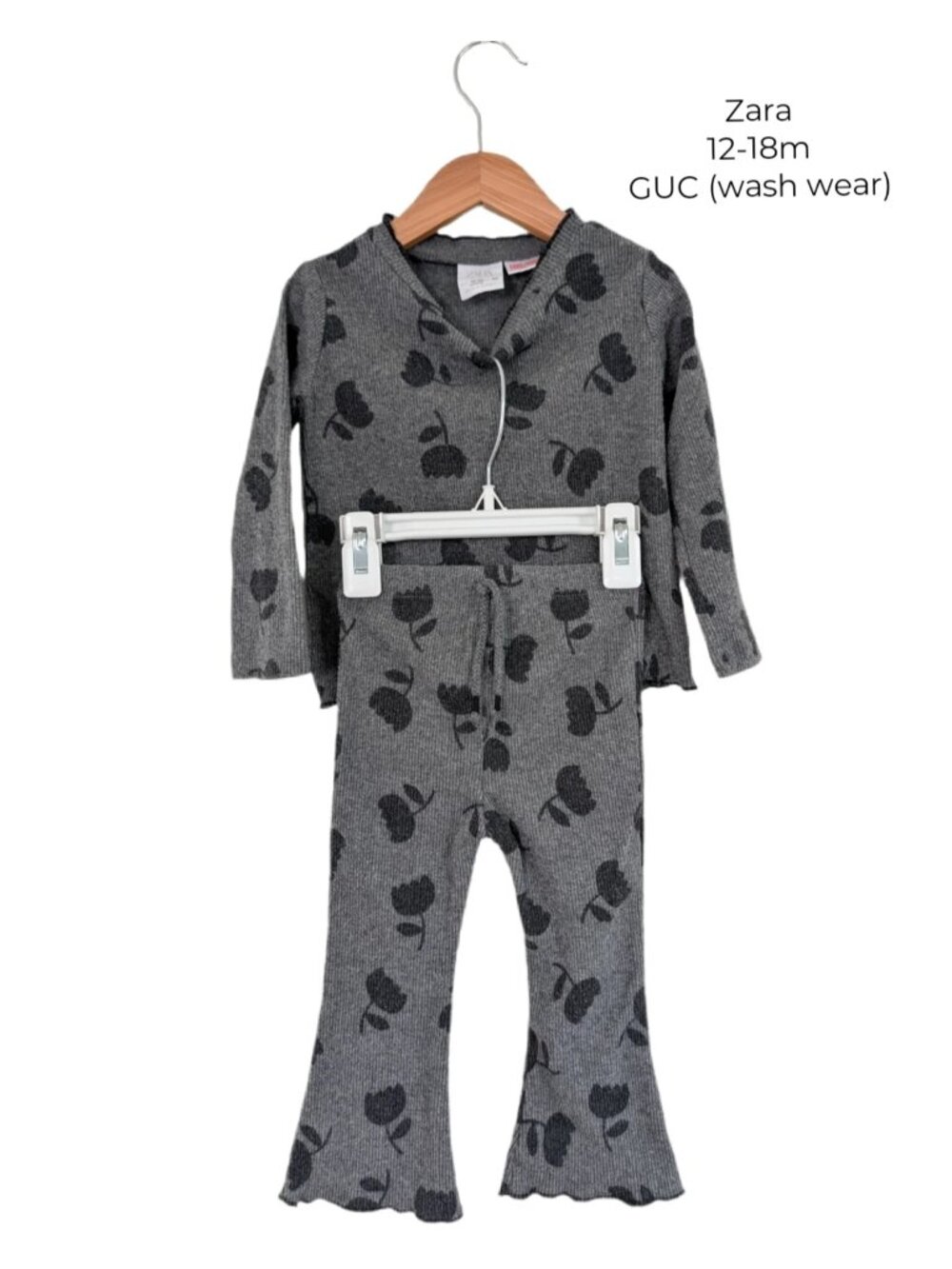 Zara Black & Grey Lettuce Hem Tulip Set | Ribbed Long Sleeve Top & Flare Legging
